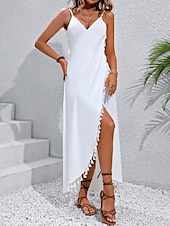preiswerte Weiße Freizeitkleider-Damen Maxidress Weißes Kleid Casual kleid Wickelkleid Basic Brautkleider schlicht Urlaub Täglich Strand Regular Fit Glatt Ärmellos Gurt Schwarz Weiß Sommer
