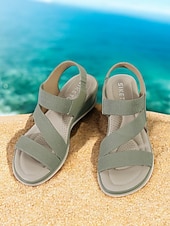 クッションソール付きレディースグリーン伸縮性ストラップウェッジサンダル - カジュアルウェアや旅行に最適な快適な夏用シューズ お買い得  快適なサンダル-クッションソール付きレディースグリーン伸縮性ストラップウェッジサンダル - カジュアルウェアや旅行に最適な快適な夏用シューズ