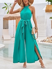 cheap Vacation Jumpsuit-Women&#039;s Normal Jumpsuit Active Solid Color Sleeveless Halter Neck High Waist Tie Belt Vacation Daily Regular Fit Red Green Summer