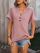 preiswerte Einfarbiges T-Shirt-Damen T Shirt T-Shirt Knöpfe Einfach Mode Stilvoll Klassisch Kurzarm V Ausschnitt Normale Oberteile Täglich Ausgehen Wochenende Blau Schwarz Purpur Fuchsie Grün Sommer Frühling