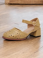 preiswerte Block Heels-Weiße Mary-Jane-Schuhe mit niedrigem Absatz für Damen – lasergeschnittenes Blumendesign, Vintage-Stil für legere und formelle Anlässe