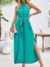 cheap Vacation Jumpsuit-Women&#039;s Normal Jumpsuit Active Solid Color Sleeveless Halter Neck High Waist Tie Belt Vacation Daily Regular Fit Red Green Summer