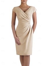 cheap Tea Length-Sheath Mother of the Bride Dress Wedding Guest Elegant V Neck Knee Length Stretch Fabric Short Sleeve with Ruched free custom size