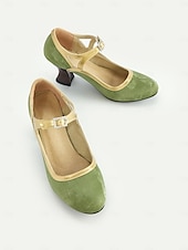 voordelige Mary Jane Pumps-Groene en gouden vintage Mary Jane-hakken voor dames uit de jaren 30 met gesp met strass-steentjes, comfortabele middelhoge hak, perfect voor formele evenementen en retro-themafeesten