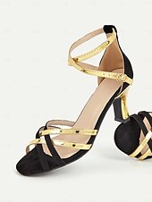 ieftine Sandale casual-sandale de dama cu toc inalt cu bretele negre si aurii cu bareta la glezna si design elegant pentru petreceri si evenimente formale