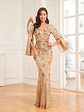 baratos AZUL-Vestido de Sereia de Noite Vintage Formal Casamento Comprimento do Chão Manga Longa Decote em V com Apliques