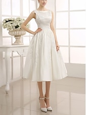 cheap Little White Dresses-Engagement Little Graduation White Dresses Wedding Dresses A-Line Boat Neck Sleeveless Tea Length Satin Bridal Gowns With Pleats Appliques