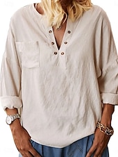 voordelige Overhemden-Dames Overhemd Blouse Katoenen linnen overhemden Effen Kleur Elegant Stijlvol Casual Lange mouw V-hals Normale tops Dagelijks Feestdagen Uitgaan Knop Beige Zomer Lente Herfst