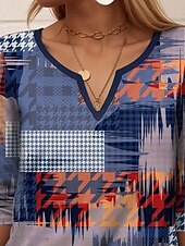 billiga Konst &amp; Design t-shirt-Dam T-shirt Geometrisk Ledigt Långärmad Naggad hals Vanliga toppar Dagligen Mönster Blå Sommar Vår Höst
