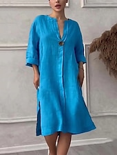 preiswerte Kleider-Damen Langes Kleid Maxikleid Leinen-inspirierte Kleider Freizeitkleid Stilvoll Lässig Urlaub Täglich Date Normale Passform Einfach Langarm V Ausschnitt Schwarz Hellgrün Rosa Rote Sommer Frühling
