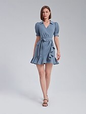 cheap Wrap Dresses-Puff Sleeve Wrap Dress with Ruffle