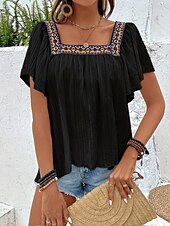 abordables Hauts de Vacances pour Femmes-Femme Chemise Chemisier Couleur unie mode Décontractées Manche Courte Col Carré Hauts réguliers du quotidien A Volants Patchwork Brodée Noir Blanche Eté Printemps