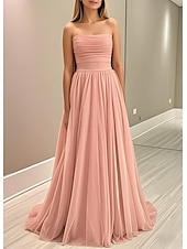 baratos Vestidos Baile Formatura-Linha A Vestidos de baile Elegante Vestido Formal Baile de Formatura Cauda Escova Sem Manga Sem Alças Cinto / Faixa Cetim com Laço(s) Pregas Franzido 2025