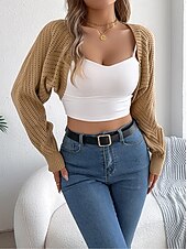 preiswerte Strickjacken und Oberbekleidung-Damen Strickjacke Pullover mit Zopfmuster Strassenmode Täglich Stilvoll Einfarbig Grobstricken Gehäkelt Öffnung vorne Ausgehöhlt Strick Raglanärmel Laternenärmel Langarm Crop Tops Stricken Heim Party