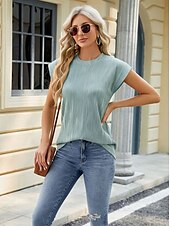 お買い得  Tシャツ-女性用 ボヘミアン T シャツ 平織り ボヘミア スタイリッシュ ベーシック 半袖 フラッタースリーブ ラウンドネック レギュラートップス 日常 お出かけ 週末 チュニック ライトグリーン ピンク ネービーブルー オレンジ グリーン 夏
