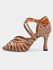 abordables Chaussures de danses latines-sandales de danse latine ornées de strass avec bout ouvert et design à lanières pour femmes - parfaites pour la salsa et les spectacles