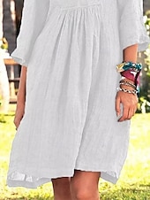 economico disegnare abiti in cotone e lino-Per donna Mini Abito Abiti in cotone e lino Vestito Casual Essenziale Casual Vacanza Quotidiano Vestibilità regolare Semplice Manica 3/4 Scollo a V Bianco Blu Marrone Grigio Estate