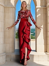 cheap RED-Floral Beaded Evening Gown Elegant Dress Carnival Formal Floor Length 3/4 Length Sleeve Boat Neck Satin with Ruffles Slit