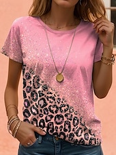 abordables T-shirt Art &amp; Design-Femme T shirt Chat Lettre Décontractées Manche Courte Col Rond Hauts réguliers du quotidien Imprimer Rose Claire Vert Eté