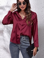 economico Top eleganti-Per donna Camicia Elegant Elegante Raso/Satin Tinta unica Affari Moderno Casual Manica Lunga Colletto a Camicia Top Regolari Lavoro Abbigliamento Formale Bottoni Giallo Rosa Vino Blu Verde Estate