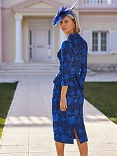 voordelige Thee Lengte-Bloem Sheath  Kolom Moeder van de Bruid Jurk Formeel Elegant Hoog Laag Hemd Kraag Thee Lengte Polyester 3/4 Lengte Mouw met Tailleband  Ribben Derby Jurk Race Dag Jurk Bruiloft Gast Jurk 2025