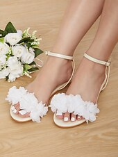 preiswerte Lässig-weiße, florale, offene, flache Sandalen mit Knöchelriemen für Damen – bequeme, lässige Sommerkleidung und Hochzeit