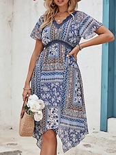 abordables Robes Bohémiennes-Femme Robe mi-longue Robe casual Robes bohème chic robe boheme Bohême Ethnique Décontractées Vacances du quotidien Ample Floral Manche Courte Col V Bleu Eté Printemps