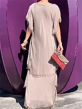 preiswerte Chiffonkleider-Damen Maxikleid Freizeitkleid elegant stylisch lässig Urlaub Party Alltag Regular Fit einfarbig Kurzarm V-Ausschnitt schwarz grün grau Sommer Frühling Herbst