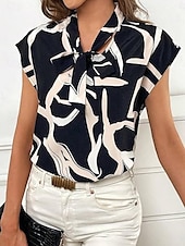 economico Top da Lavoro per Donne-Per donna Camicia Blusa Pop art Moda Informale Manica corta A V Top regolari Giornaliero Stampa Con fiocco Nero Bianco Estate