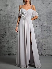 cheap Bridesmaid Dresses-A-Line Bridesmaid Dress V Neck / Sweetheart / Spaghetti Strap Short Sleeve Elegant Floor Length Chiffon / Spandex with Ruffles / Draping / Ruching