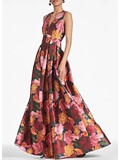 billiga Blommor-A-linjig Aftonklänning Hög Slits Klänning Strand Bröllop Formell Bröllop Gäst Golvlängd Ärmlös V-hals Ficka Satin med Blommönster Slits Ficka Derby Klänning Racedag Klänning Bröllop Gäst Klänning 2025
