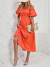 abordables Robe de cocktail-Femme Robe mi-longue Robe casual Robe Évasée Robe Trapèze Elégant mode Décontractées Vacances du quotidien Standard Plein Manche Courte Epaules Dénudées Rose Claire Orange Eté Printemps