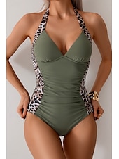 preiswerte Einteilige Badeanzüge-Damen Badeanzug Ein Stück Monokini Bademode Rückenfrei Bauchkontrolle Hohe Taillenlinie Schlank Urlaub Strandbekleidung Leopard Halfterhals Ärmellos Badeanzüge