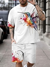 cheap Men&#039;s Printed Tees sets-Men&#039;s Bird 2pcs Tees sets Matching Sets Short Sleeve Short Pant Crew Neck Sport Casual Outdoor Vacation Daily Drawstring Crewneck Printing Summer milk white