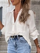 tanie Koszule-Damskie Koszula Koszule inspirowane lnem Zapiąć Bluzka Jednokolorowe Elegancki Codzienny Długi rękaw Kołnierzyk koszuli Zwykłe topy Codzienny Guziki Kieszeń Czarny Biały Brązowy Khaki Lato Wiosna
