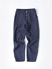 cheap Plain Cotton Linen Pant-Women&#039;s Cotton Linen Pants Chinos Fashion Streetwear Calf-Length High Waist Plain Pocket Elastic Waistband Comfy Soft Comfortable Micro-elastic Outdoor Street Navy-blue White Summer Spring Regular Fit
