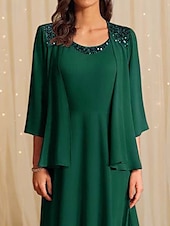 preiswerte Mamas Kleidersets-Zweiteiliges Mutter der Braut Kleid Formale Hochzeitsgast Elegantes Vintage Rundhals Tee Länge Chiffon Halblange Ärmel Jacke Kleider mit Pailletten Cascading Rüschen