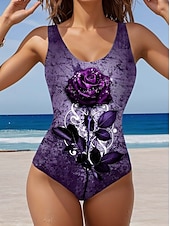 billiga One-piece-baddräkter-Damernas baddräkter En-delad Monokini baddräkt Rygglös Stomach Control Hög midja Slank Semester Strandkläder Blommig U-hals ärmlösa baddräkter