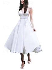 economico Abiti bianchi-Impegno Piccola Laurea Abiti Bianchi Vestiti da Sposa A-Line Scollo a V Spalline Sottile Senza Maniche Lungo al Ginocchio Abiti da Sposa in Raso Con Colore Solido 2025