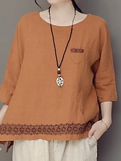 preiswerte Hemden-Damen Hemd Bluse Baumwoll-Leinen-Hemden Geometrisch Basic Lässig Dreiviertelarm Rundhalsausschnitt Normale Oberteile Täglich Patchwork Weiß Braun Grün Sommer Frühling