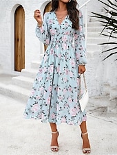 ieftine Rochii florale elegante-Pentru femei Rochie Lunga Rochie Maxi Rochie casual Rochie A line Rochie florala Rochie de vară Elegant Stilat Vacanță Zilnic Dată Fit regulat Floral Manșon Lung În V Roz Îmbujorat Albastru Deschis
