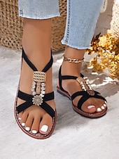 cheap Women&#039;s Sandals-Women&#039;s Black Bohemian Sandals with Beaded Embellishments, Cross Straps and Flat Sole for Summer Beachwear and Casual Outings