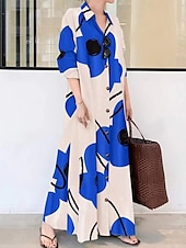 cheap Casual Floral Dresses-Women&#039;s Long Dress Maxi Dress Shirt Dress Casual Dress Summer Dress Stylish Casual Vacation Daily Date Regular Fit Floral Graphic Long Sleeve Lapel Black And White Black Blue Orange Summer Spring
