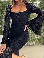 levne Bílé krajkové šaty-Dámské Maxi šaty Bílé šaty Černé šaty Krajkové šaty Elegantní stylové Sexy Svatební Dovolená Párty Běžný Dlouhý rukáv Hranatý Černá Bílá Léto Jaro Podzim Zima