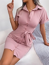 ieftine Rochii Business-Pentru femei Rochie Mini Rochii Tip Cămașă Rochie casual Rochie de vară Stilat Casual Vacanță Zilnic Dată Fit regulat Simplu Manșon scurt Rever Roz Îmbujorat Roșu-aprins Albastru piscină Var