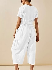 お買い得  カジュアルジャンプスーツ-女性用 標準 ジャンプスーツ 活発的 純色 半袖 ラウンドネック ポケット バケーション 日常 レギュラー ホワイト グリーン カーキ色 夏