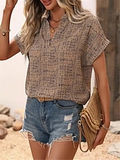billige Boho t-skjorte-Dame T skjorte Geometrisk Mote Moderne Fritid Kortermet Hals med hakk Vanlige topper Daglig Helg Trykt mønster Hvit Kakifarget Sommer Vår