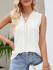 abordables Débardeurs et camisoles femme-Débardeur femme à bretelles fines uni stylé décontracté sans manches col en V hauts réguliers quotidienne dentelle œillet blanc rose été