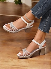 abordables Sandalias de tacón-Sandalias negras de tiras con tacón de bloque y pedrería: sandalias de mujer cómodas y elegantes con tiras brillantes, perfectas para uso informal o reuniones de verano.