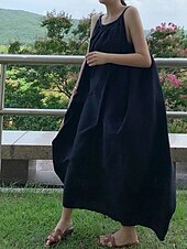 cheap Dresses-Women&#039;s Long Dress Maxi Dress Linen-Inspired Dresses Casual Dress Cotton Linen Dress Slip Dress Stylish Casual Vacation Daily Date Regular Fit Plain Sleeveless Crew Neck Black Navy Blue Gray Summer